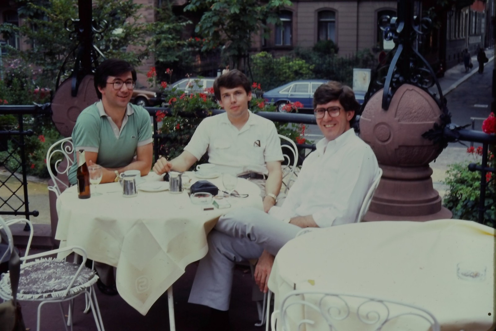 c1970's 35mm Slide, Men Cafe Table Cars polo green red European Man Street