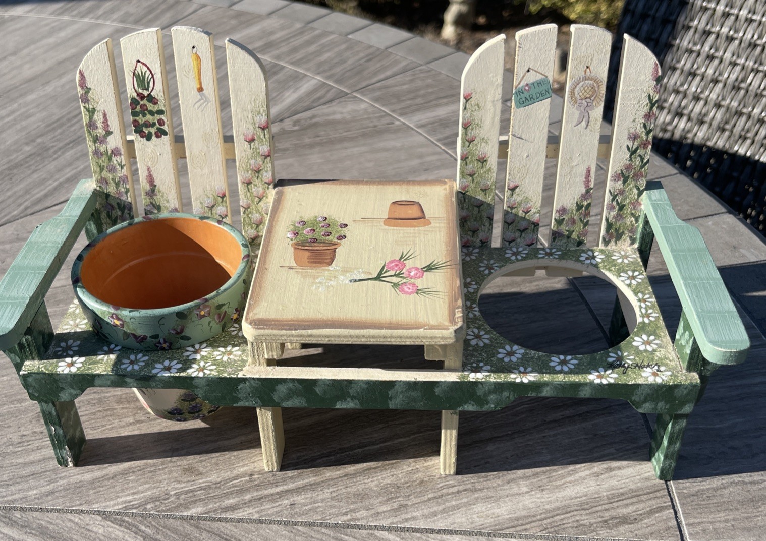 Kathy Hatch Wood Adirondack 2 Chair  Floral Wooden Garden Planter 1 Mini Pot 6in