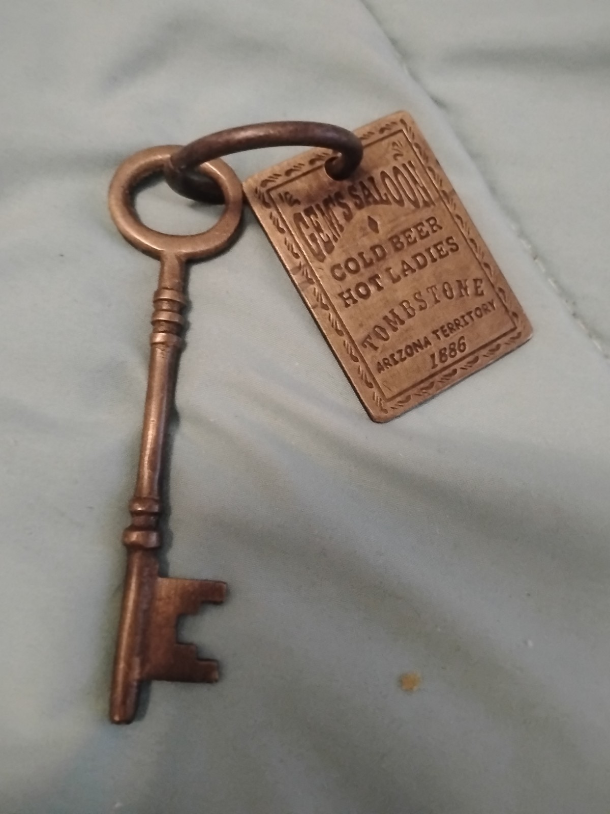 Gem\'s Saloon 1886 Tombstone Brothel Room Solid Brass Tag & Key W/ Antique Finish