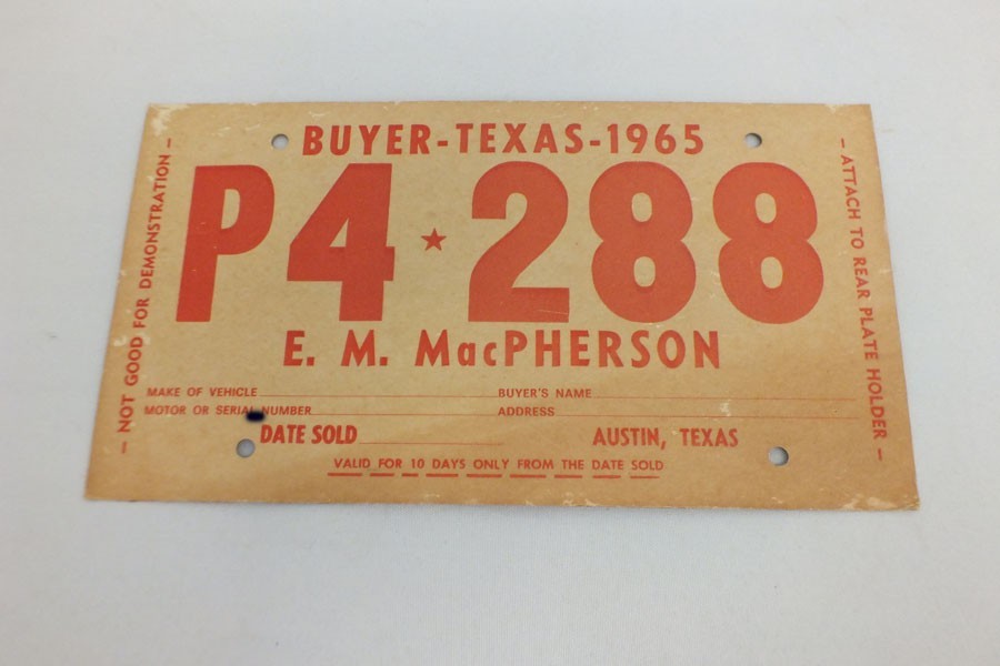 Vtg 1965 Austin Texas Temporary Paper Tag Hot Rod Custom Car Mustang VW