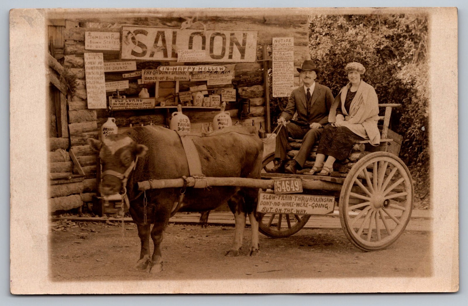 Hot Springs AR~SHARP COUPLE in Ox Cart~Happy Hollow Saloon~UNPTD RPPC Postcard Hot Springs AR~SHARP COUPLE in Ox Cart~Happy Hollow Saloon~UNPTD RPPC Postcard