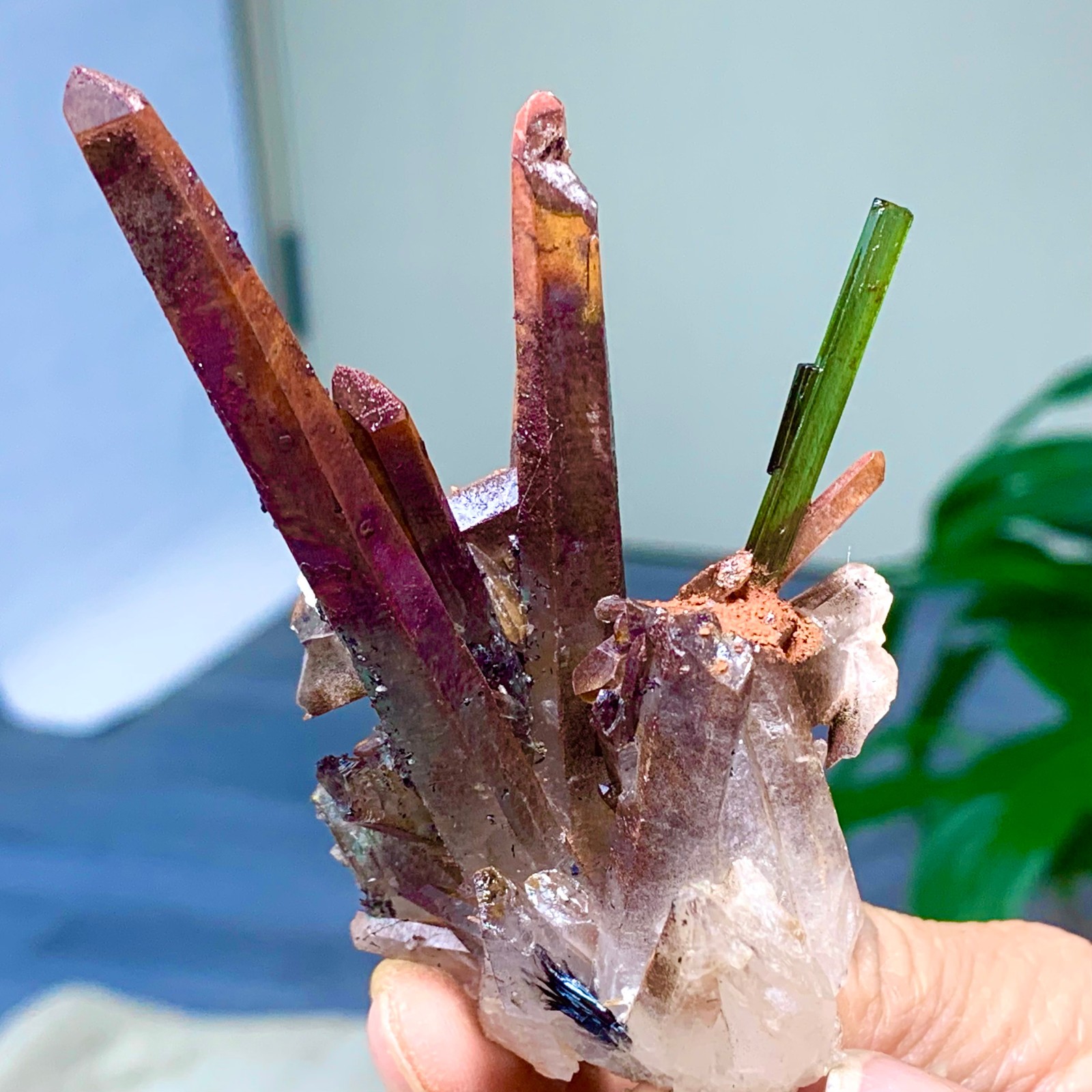 50G Natural Green tourmaline with quartz crystal cluster mineral specimen