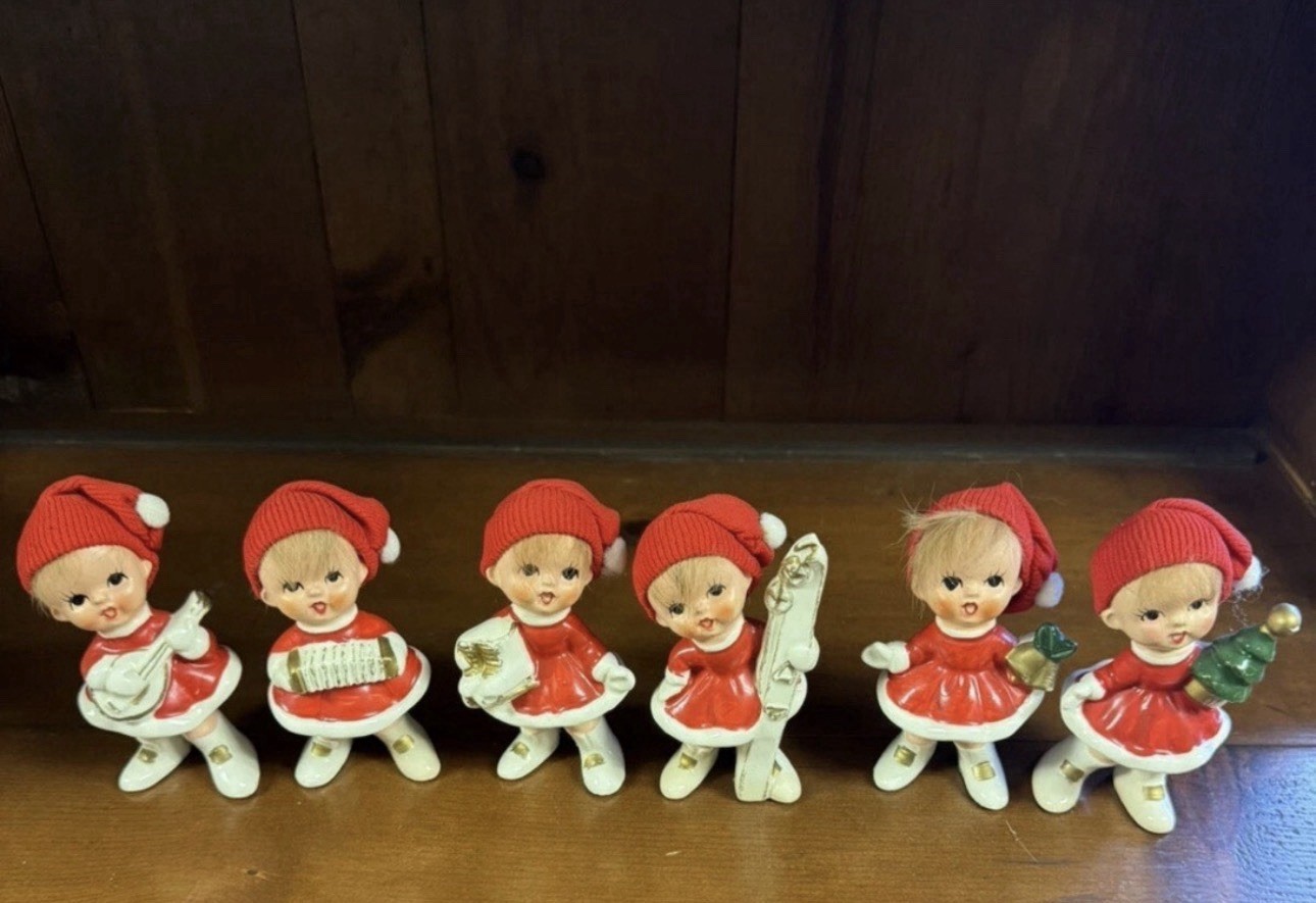 Vintage 1960’s Arnart Christmas Pixie Girls Set Of 6 Japan X-8392 Knit Hats Hair