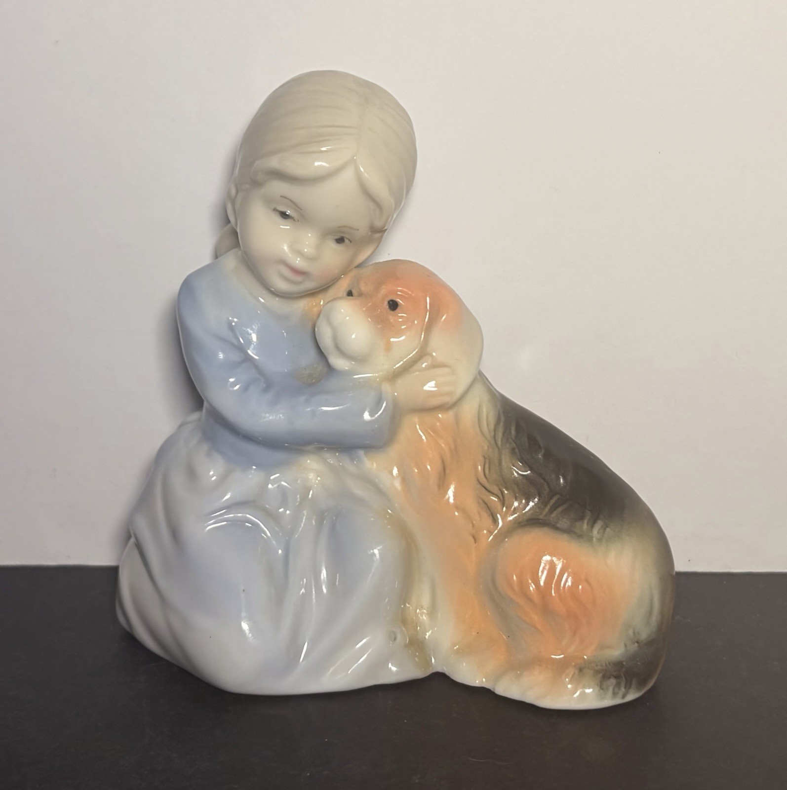 Vintage Porcelain Girl Cuddling Hugs Dog Best Friend Figurine Sculpture 4 1/4\