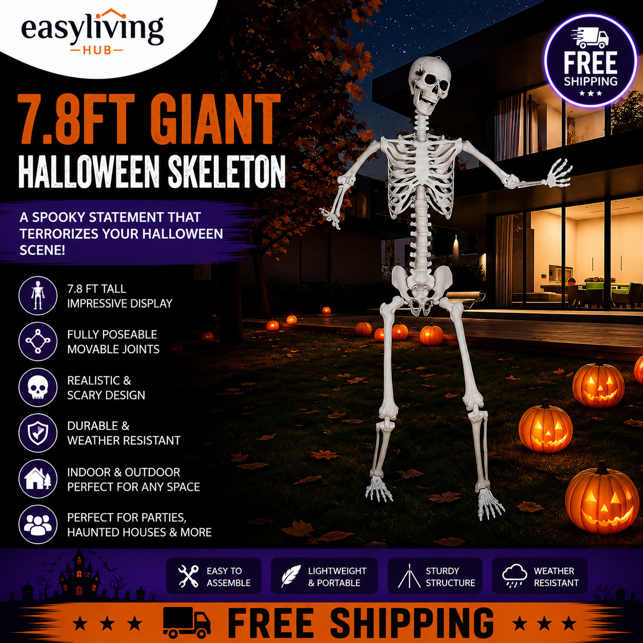 7.8FT Halloween Giant Skeleton Full Body Movable Joints Indoor Outdoor Decor