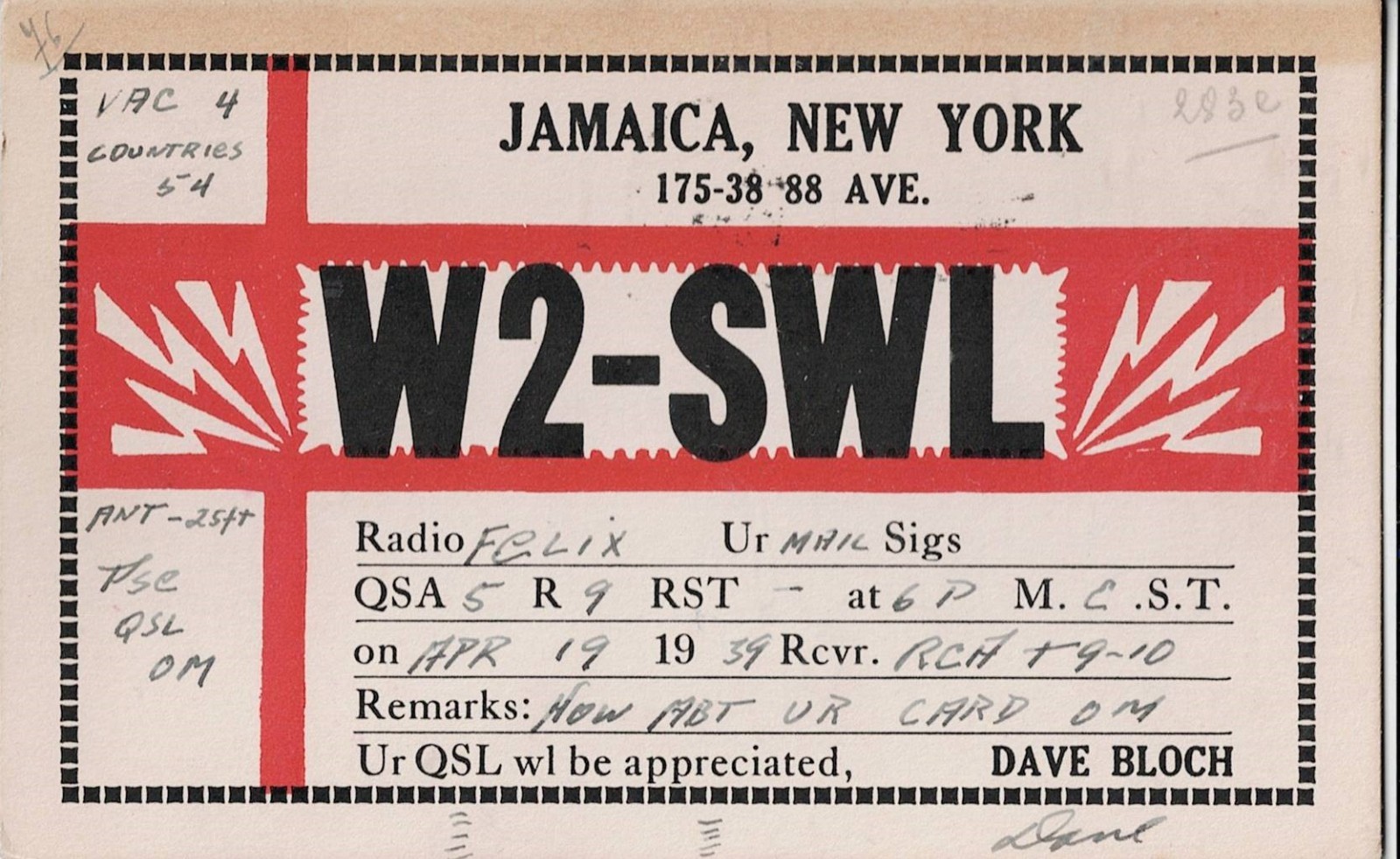 Dave Bloch, 88 Ave., Jamaica, New York, W2-SWL, very old QSL-card, Apr 1939