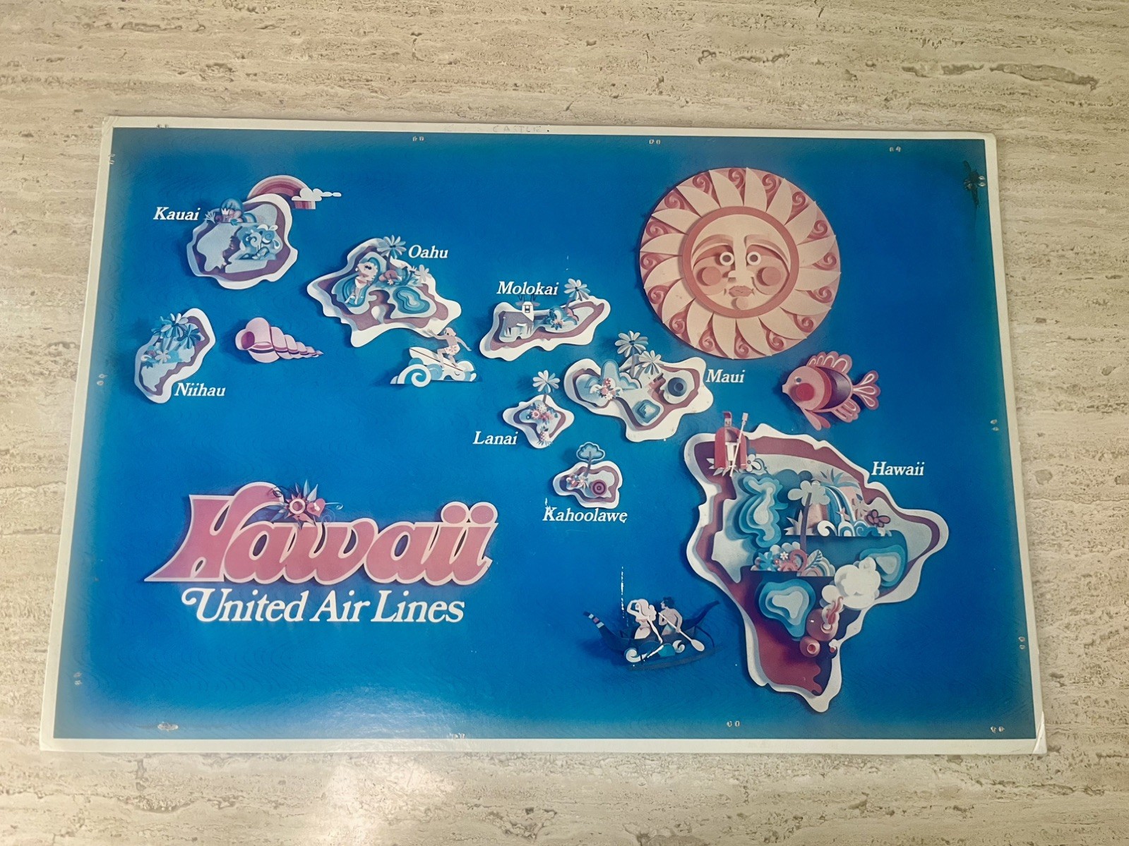 Original Vtg UNITED AIRLINES HAWAII Tourism Advertising Map Display 1970s RARE