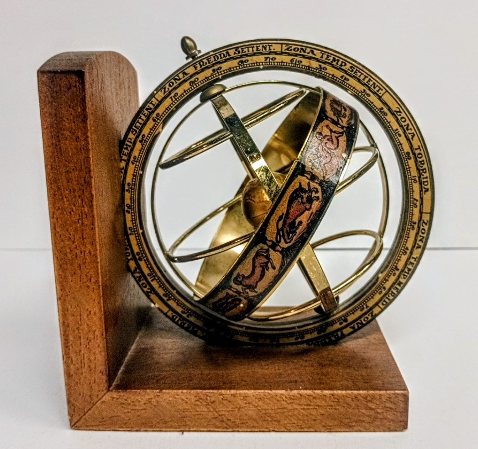 Vintage Italian Brass Armillary Sphere Zodiac Climate Zones Wooden Base Antique