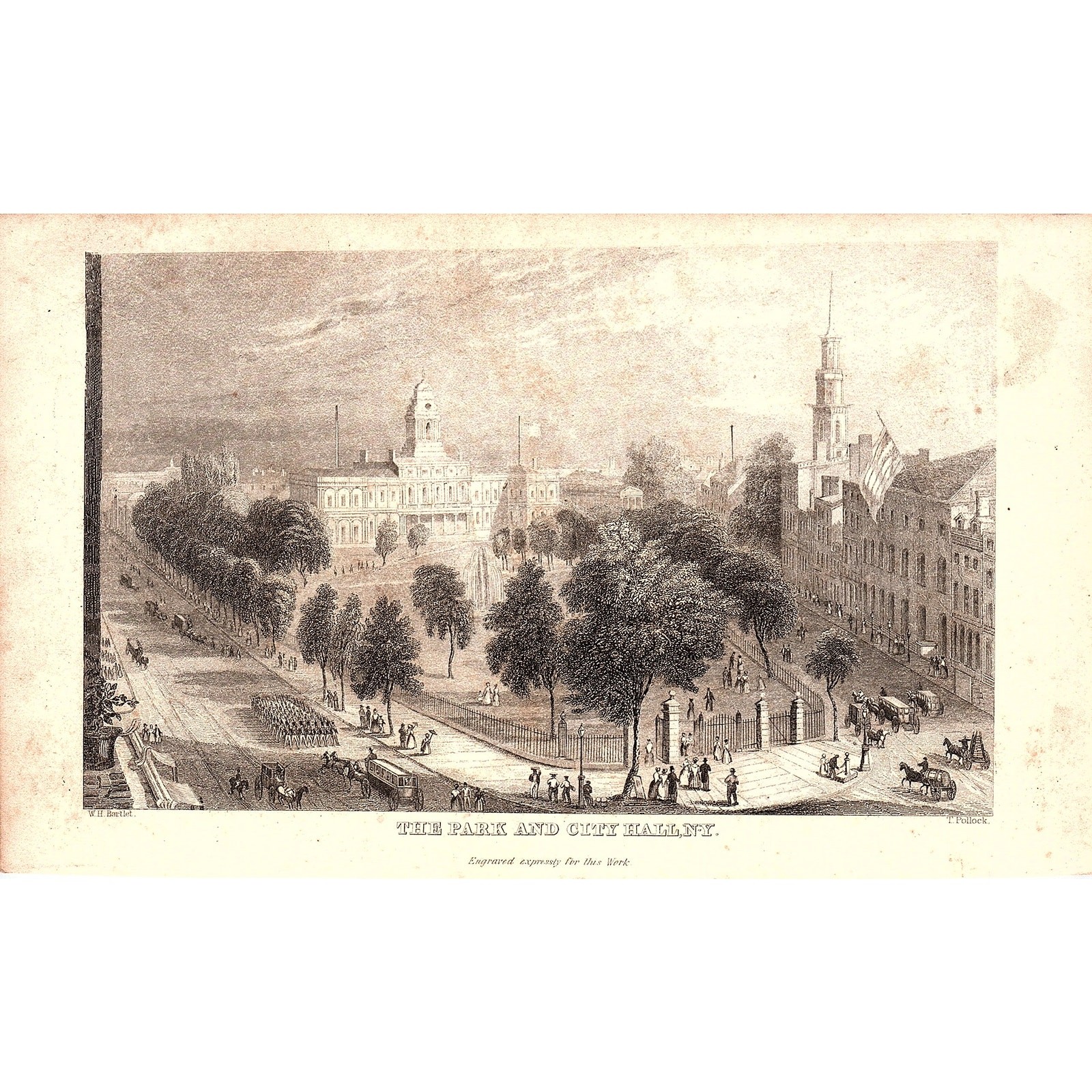 1850s Steel Engraving The Park and City Hall New York 5x8.5\
