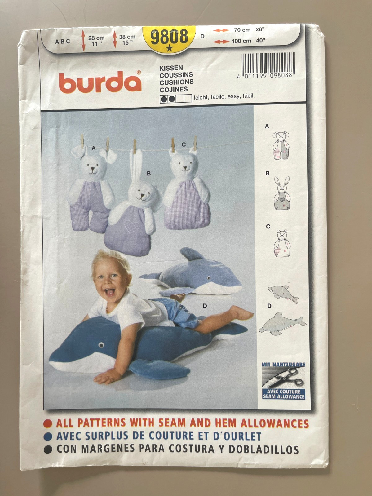 1990's Burda Stuffed Animals Dolphin,Bunny,Bear Cushions Pattern 9808 UNCUT
