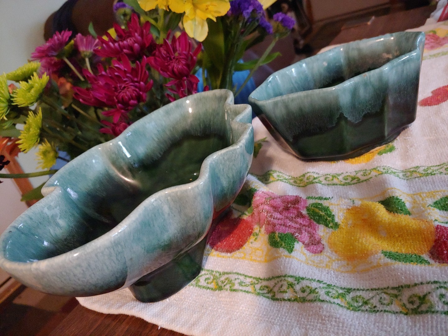 Hull Vtg Pottery Mcm Blue Grn PlanterS 602 447 USA 9” Guilted Ruffle Pair Use 