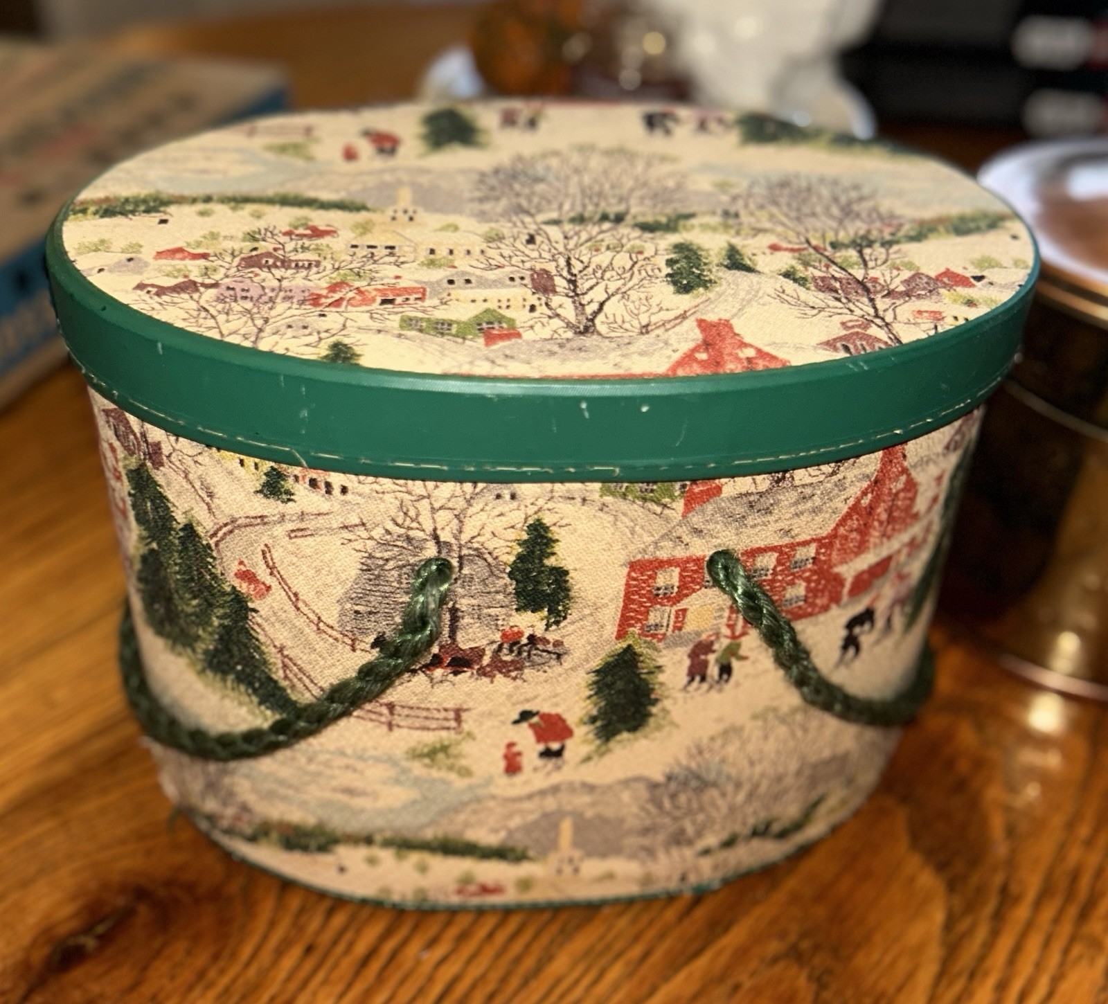 Vintage Grandma Moses Bark Cloth Christmas Fabric Sewing Box