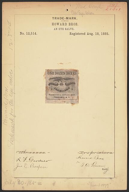 Photo:Fredonia NY Howard Bros Dr Pettits An Eye Salve Trademark 1885