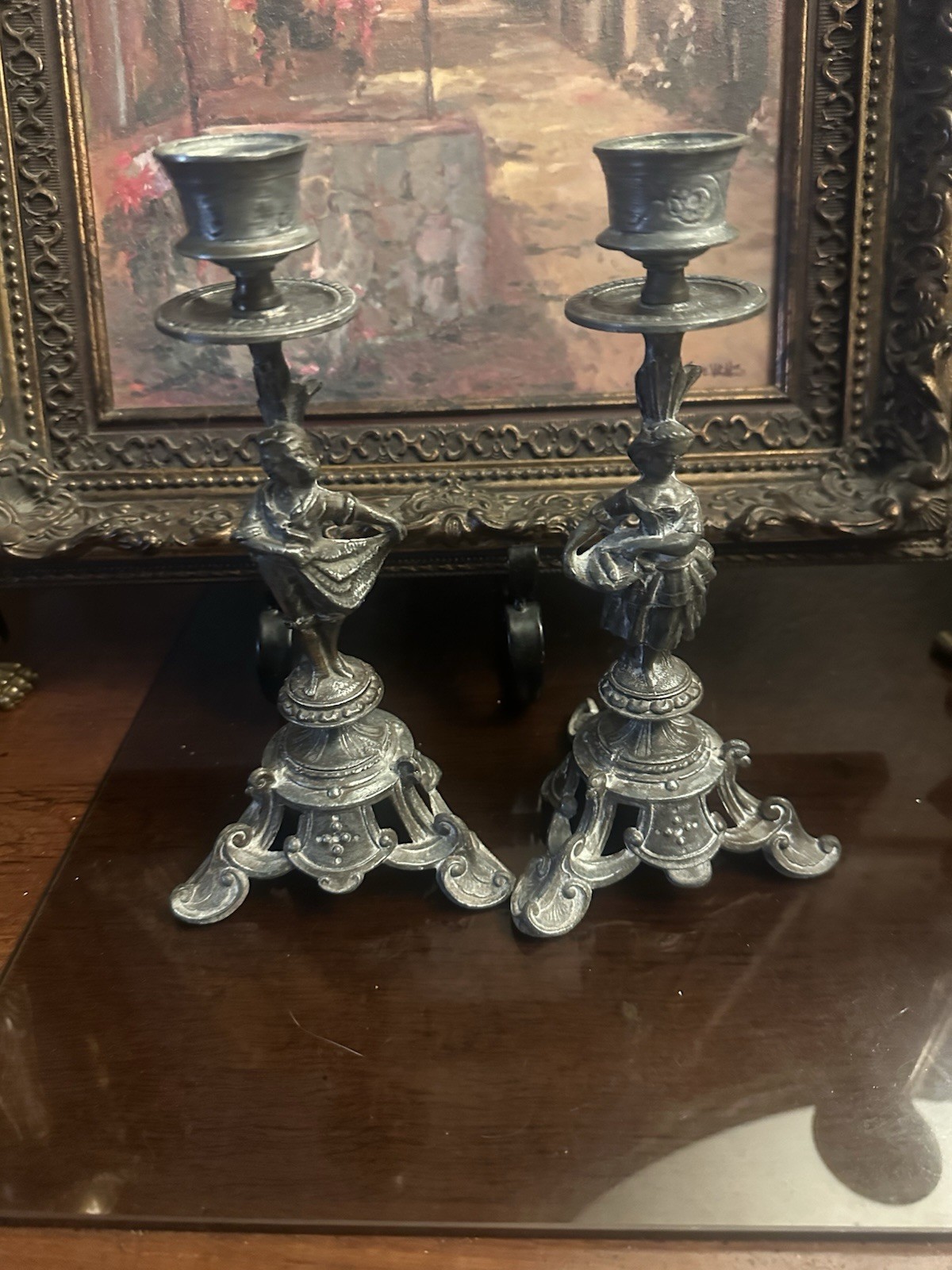 PAIR SILVERED BRONZE FIGURAL NEOCLASSICAL CANDLESTICKS C 1820s FRENCH