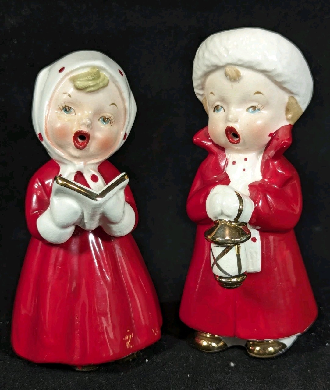 Vtg MCM Ceramic Christmas Caroler Pair Boy & Girl Open-Mouthed Japan Arnart 50s