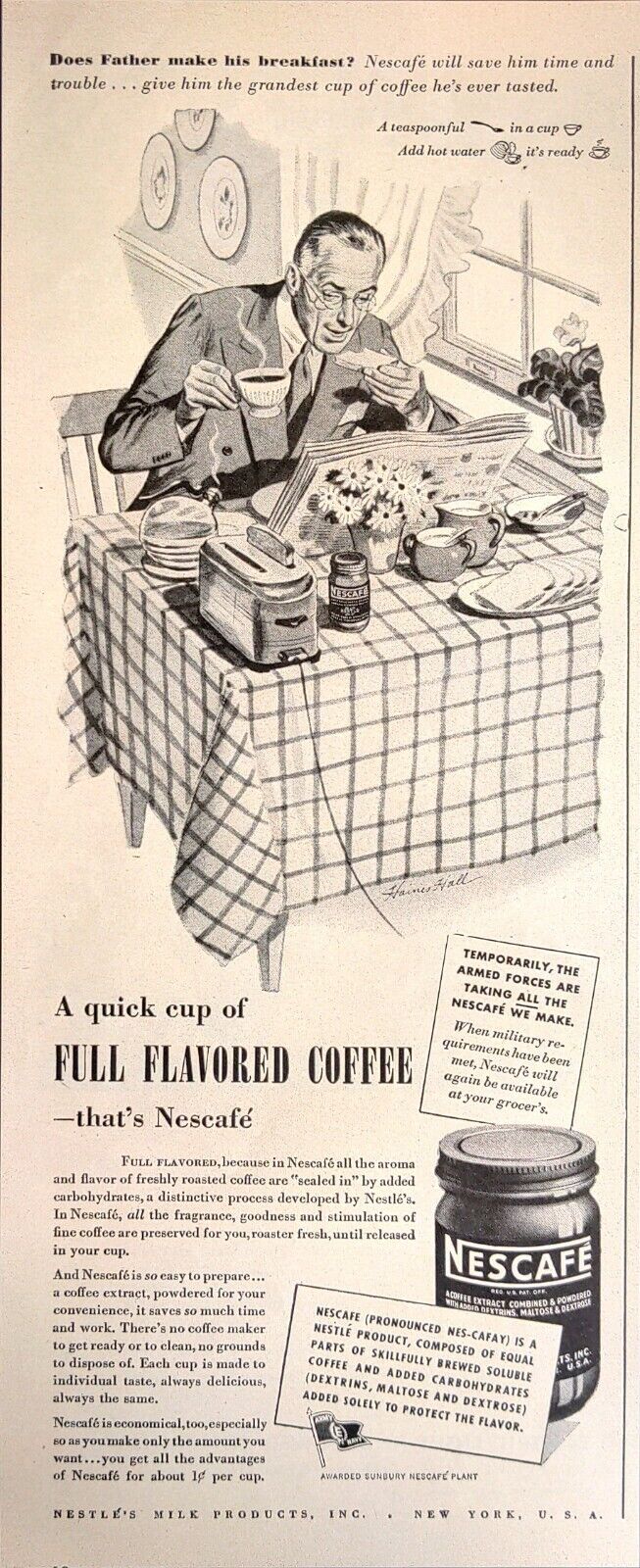 1944 Nescafe Full Flavored Coffee Aroma Breakfast Toast Pancakes Print Ad