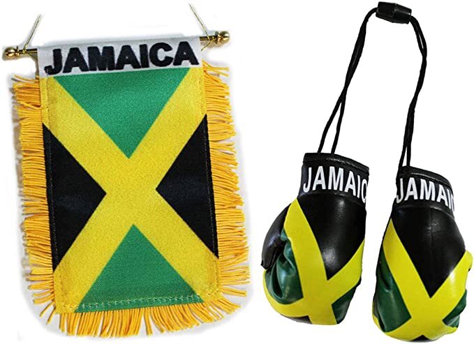 3pcs, Jamaica flag, Jamaican flag mini banner & Boxing gloves Rear view mirror