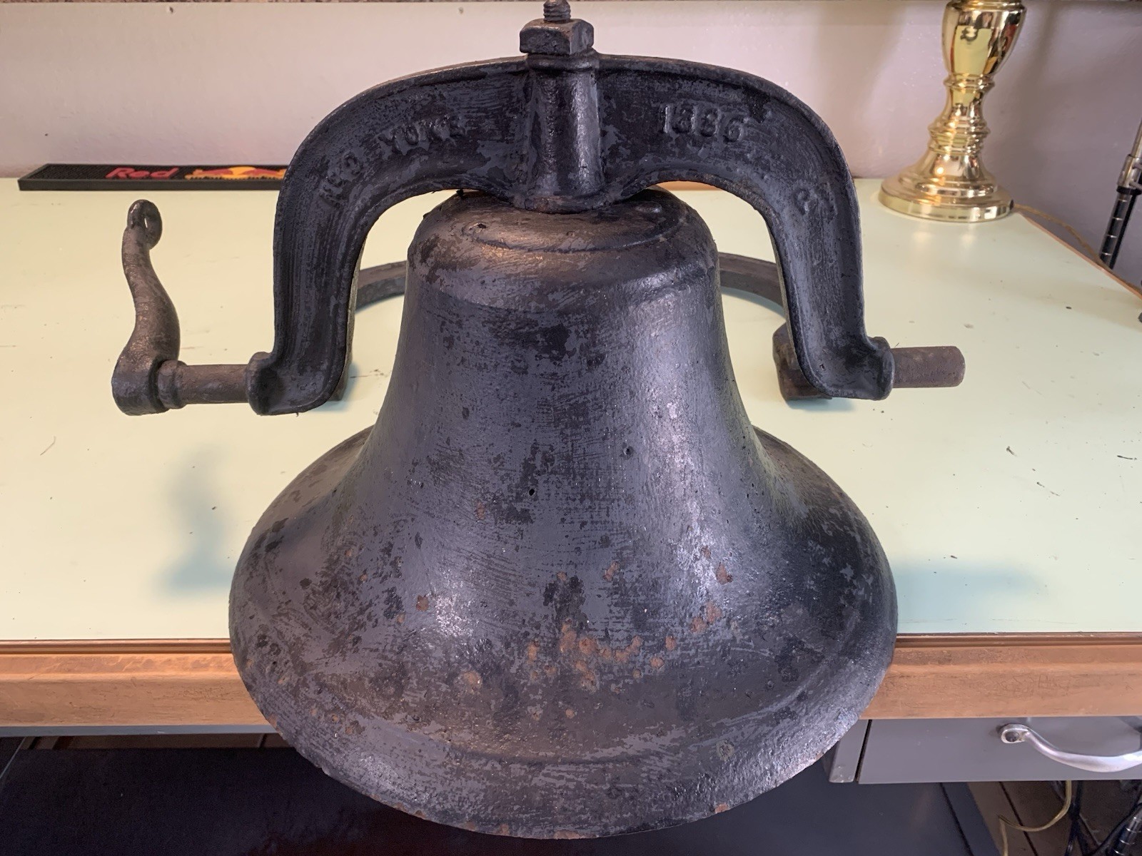 RARE Antique Crystal Metal #2 Large Cast Iron Bell w/ Yoke & Handle  LOUD RING