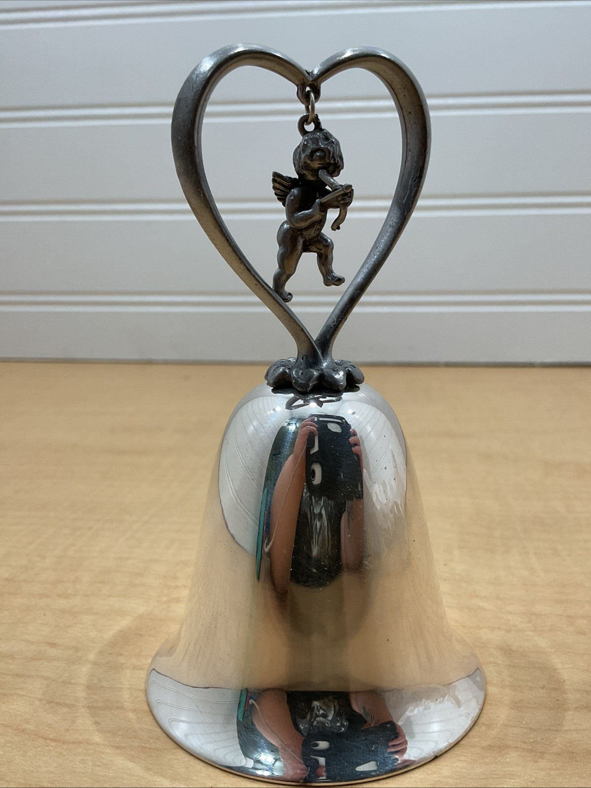 Vtg Silver Plated Bell Heart Handle Cupid Cherub Bow and Arrow Valentine Gift