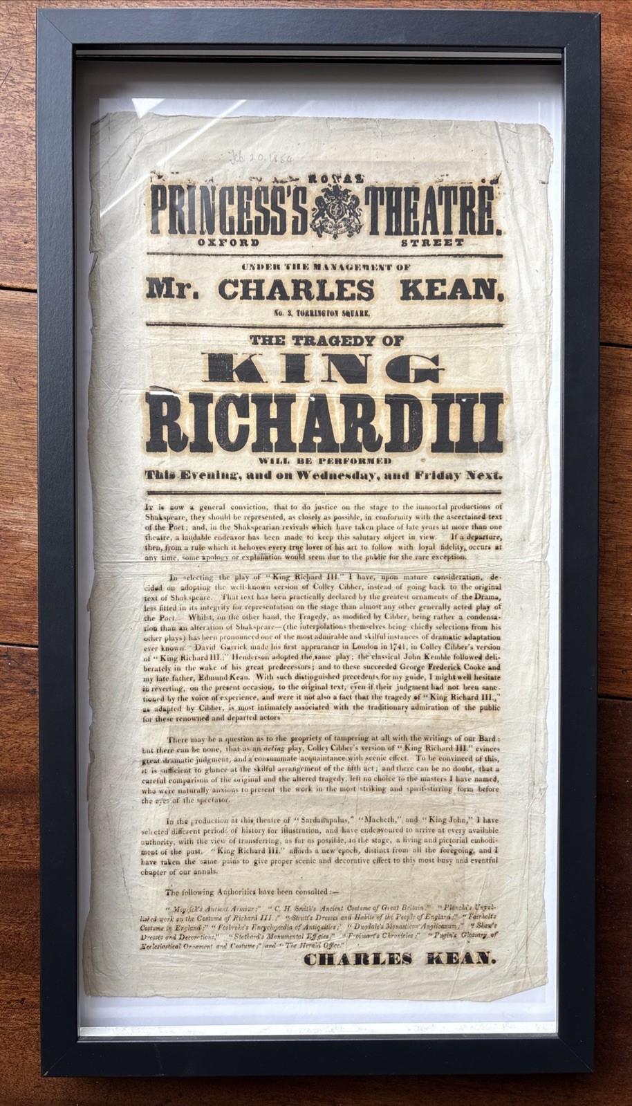 Antique Princess’s Theatre Playbill King Richard III Shakespeare Kean 1850s