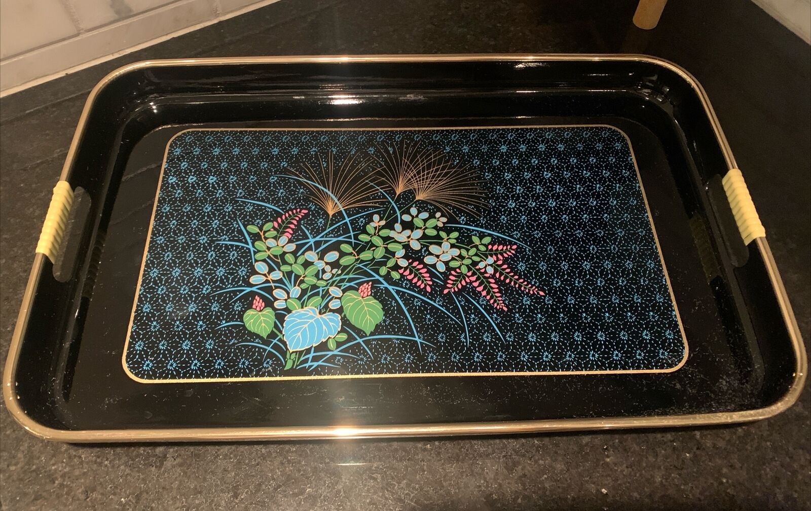 Vintage TOYO Japan Serving Tray Black Pink Green Floral Lacquer Ware.
