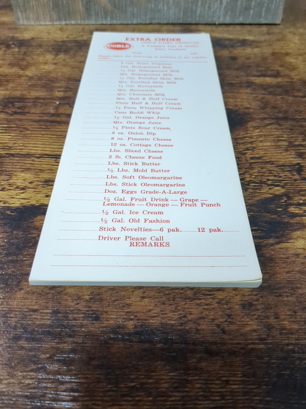 Coble Dairy Products Extra Order Form Pad 1960s NOS 30+ Sheets Red Print Driver