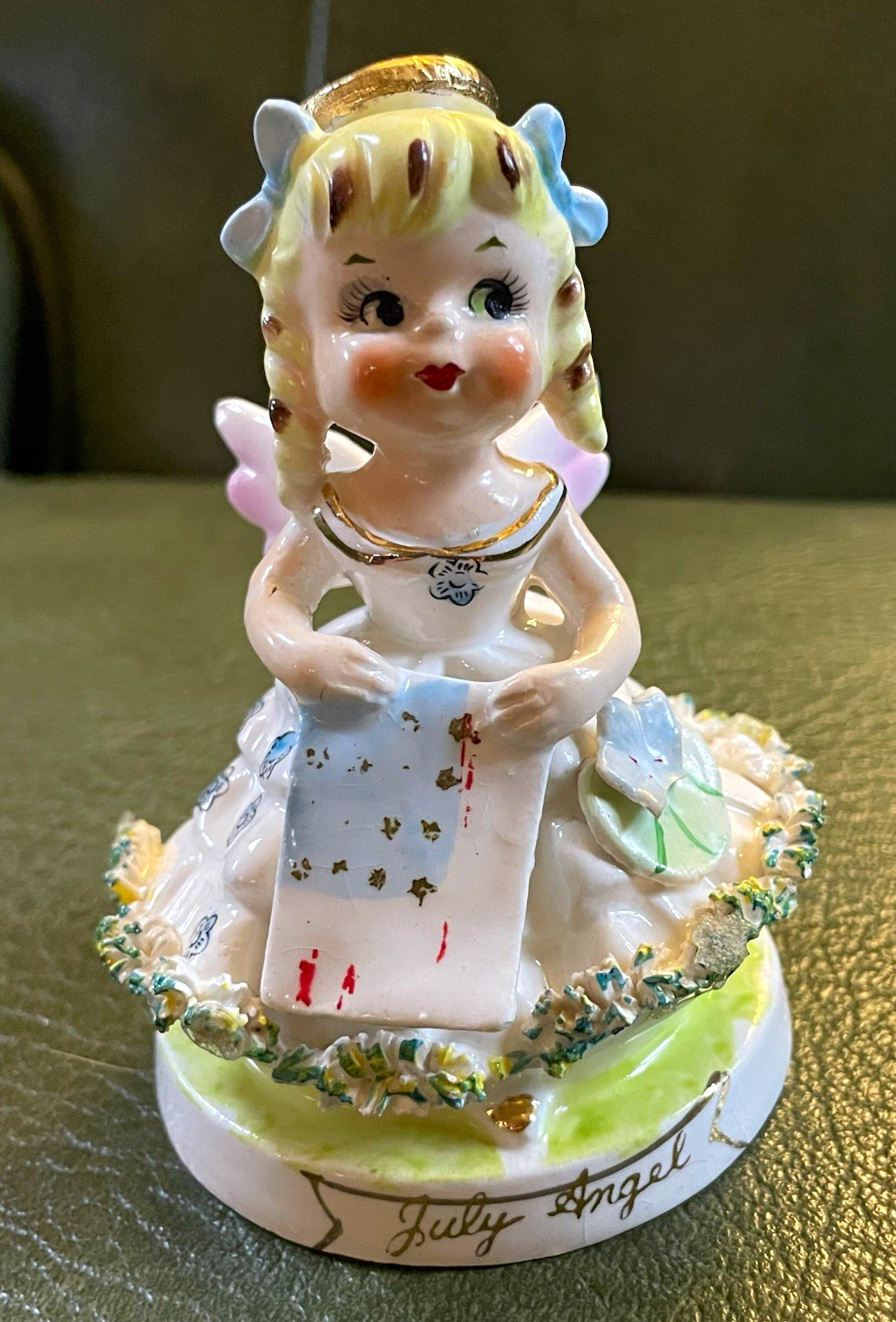 Vintage 1950s July Birthday Angel  – Water Lily & Summer Scroll – (READ)