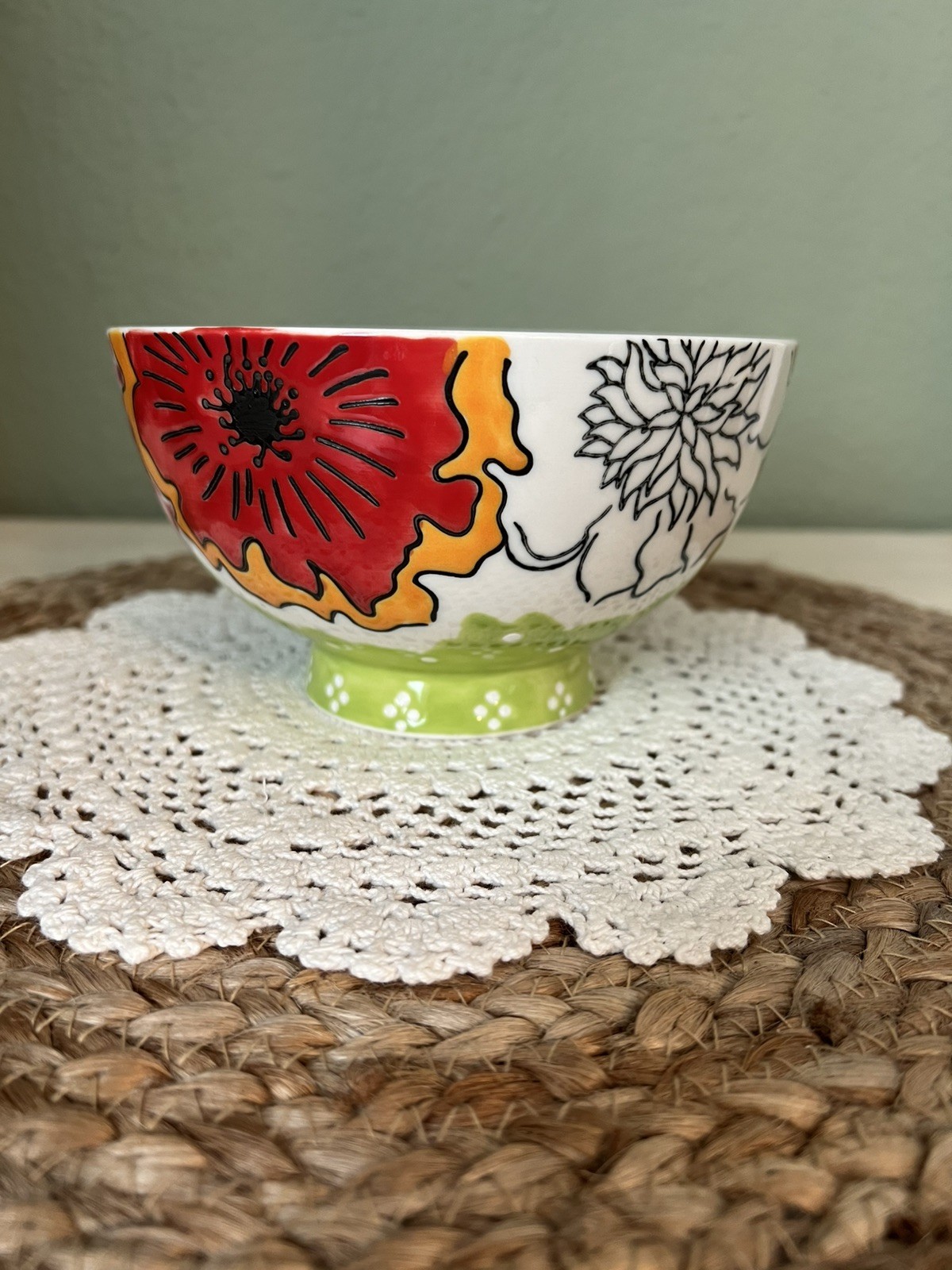 Dutch Wax Coastline Imports Hand Painted Soup Cereal Bowl Red Floral Bohemian 
