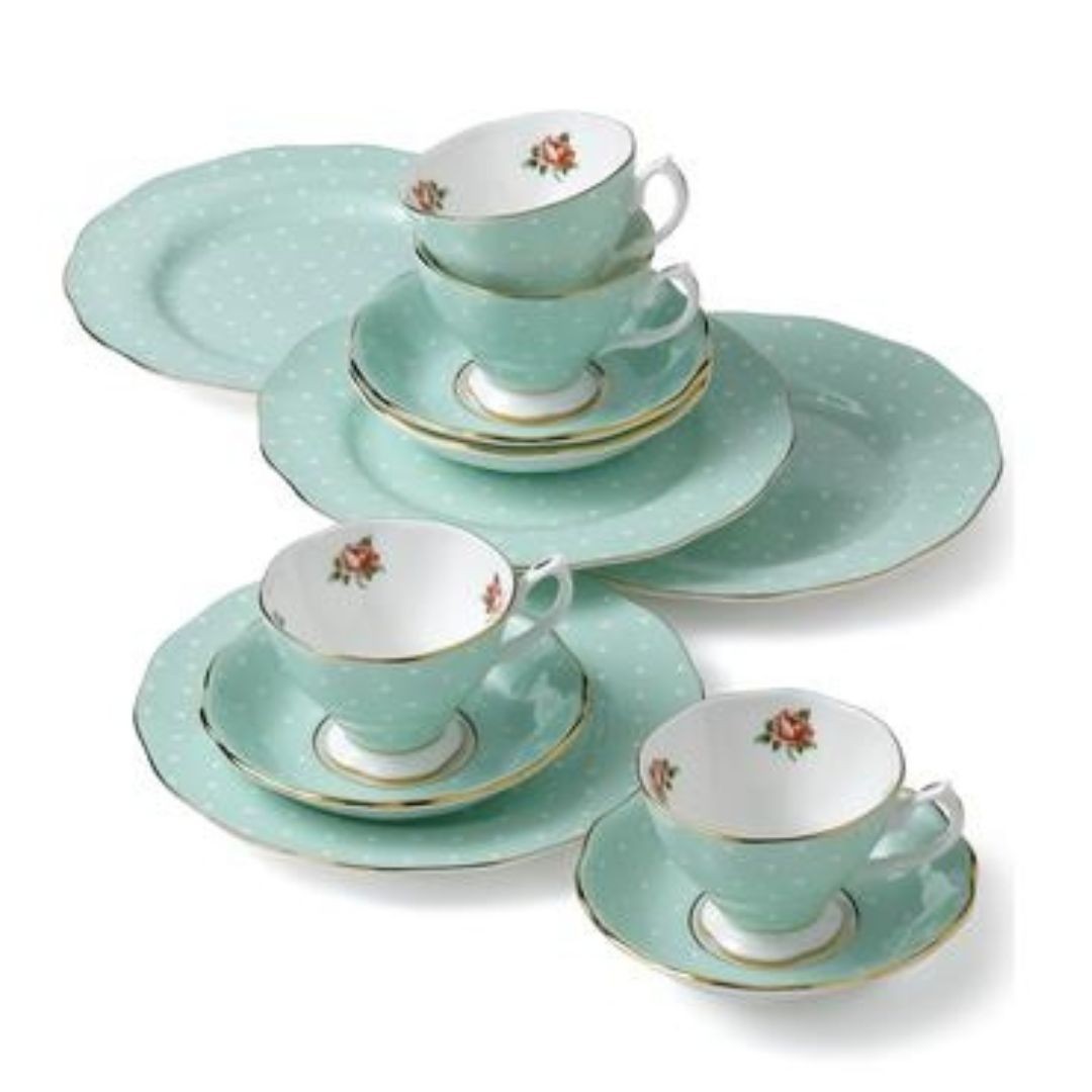 450$ Royal Albert Polka Rose Entertaining 12 Piece Set Aqua Green White