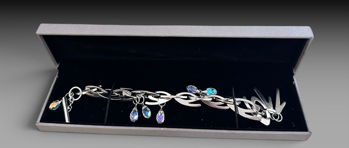 Rare Porsche Design 911 Siver Tone # 9 Link, Charm Bracelet w/Swarovski Crystals