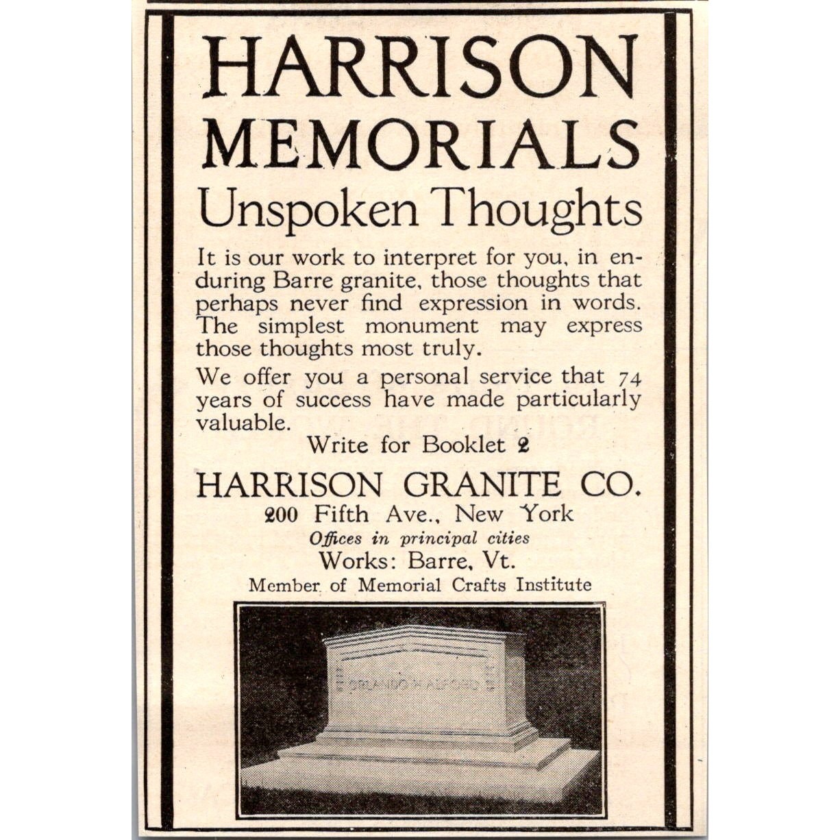 Harrison Memorials Harrison Granite Co Fifth Ave Barre VT c1920 Ad SAK3-M39