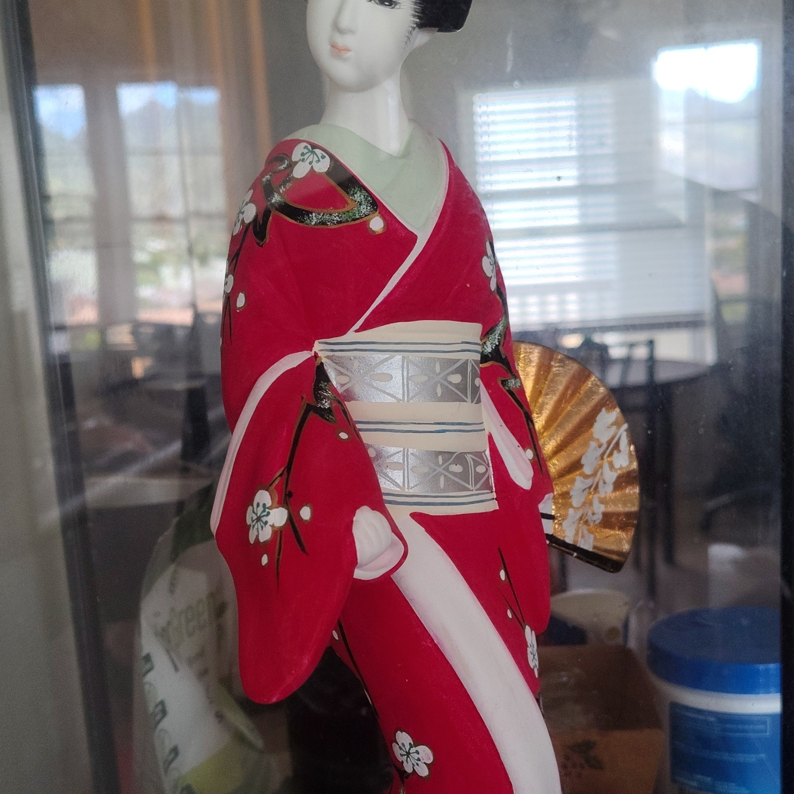Japanese Hakata  Ningyo with Glass Case Red & White Floral Kimono
