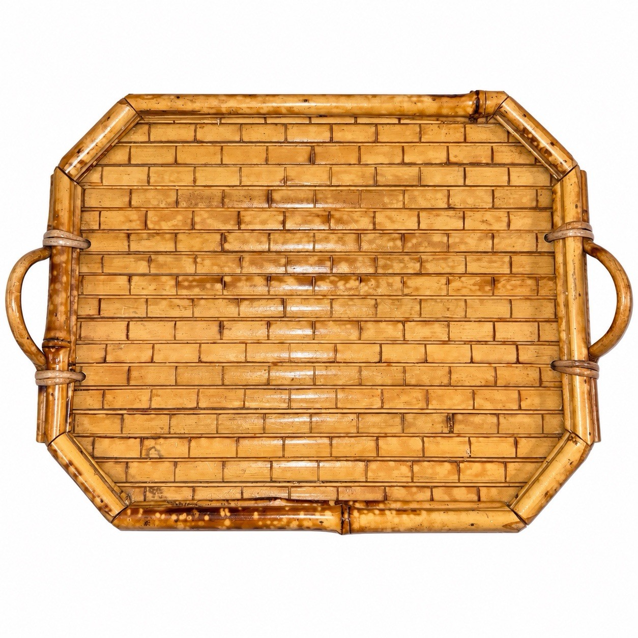 VTG Octagonal Burnt Bamboo Serving Tray Tiki Bar Rattan Slatted Handle 13” 9.5”