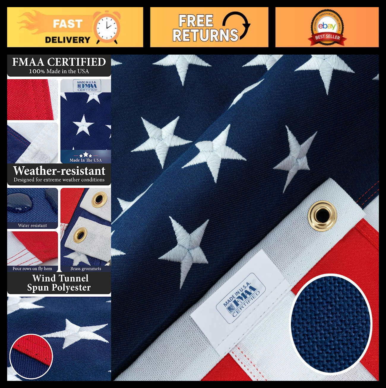 Durable 3x5 American Flag - Heavy Duty Outdoor Polyester, Sewn Stripes & Embroid