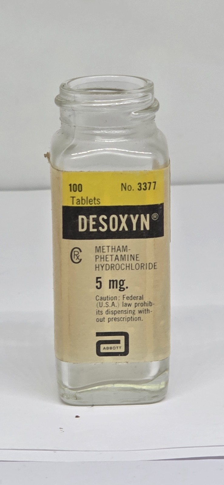 Vintage Abbott Laboratories Desoxyn Empty Glass Medicine Bottle