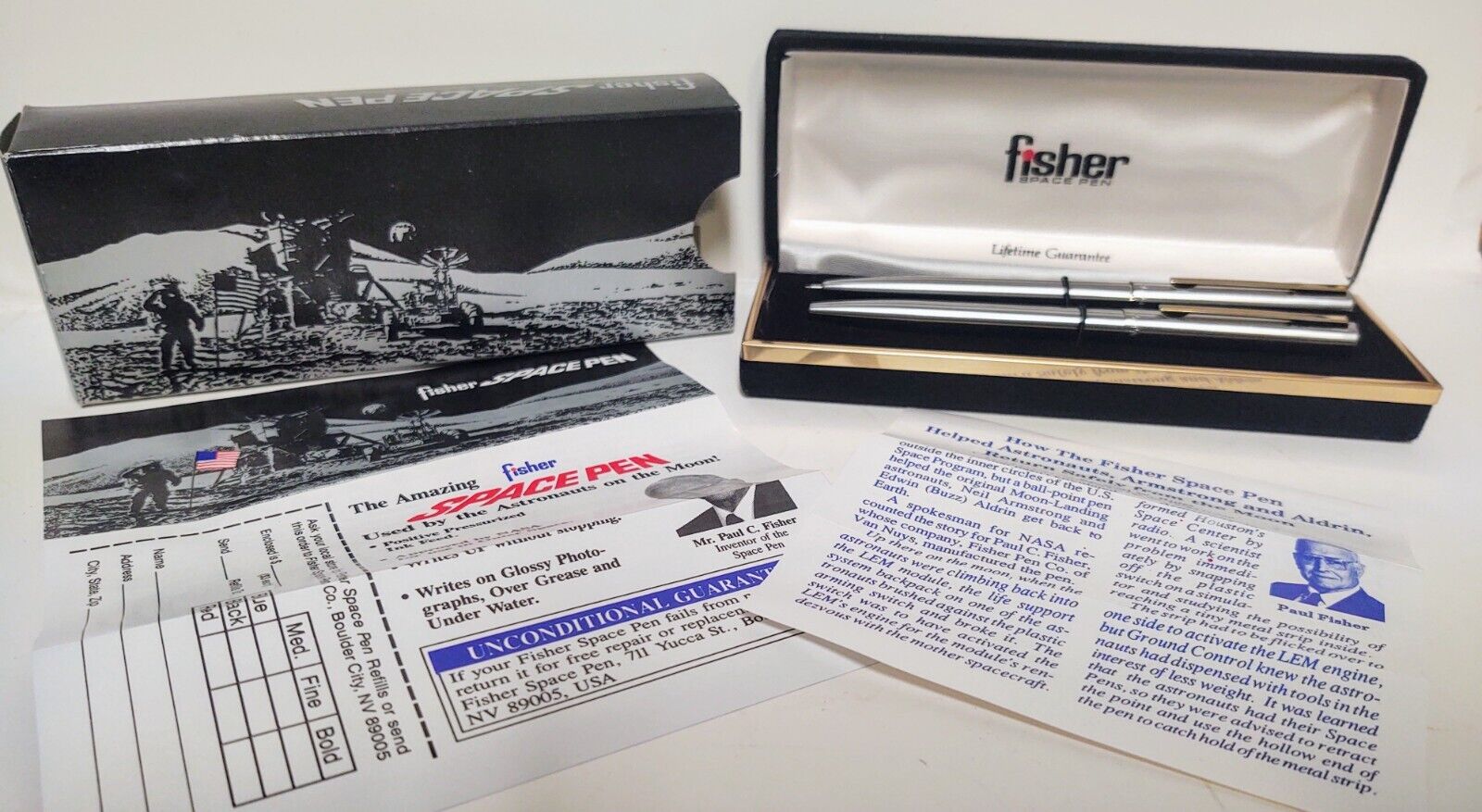 Vintage Fisher Space Pen & Pencil Set Approved By NASA Original Box & Papers