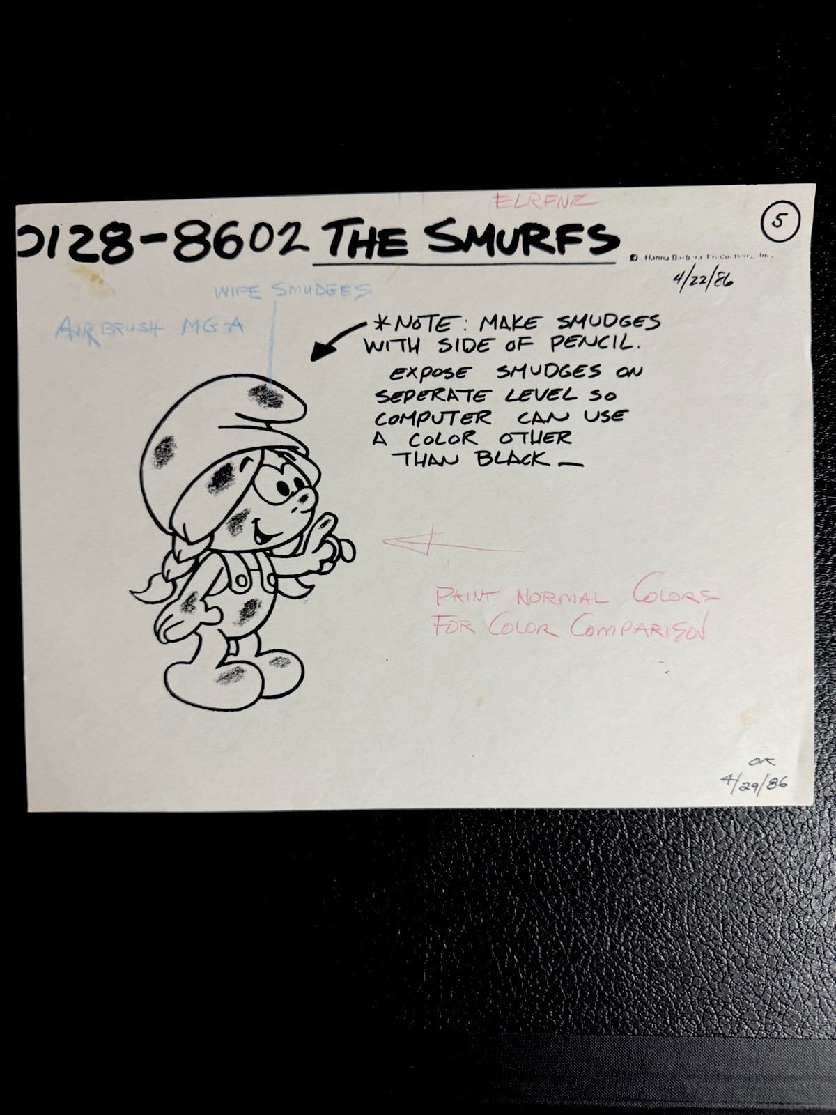 Vintage 1986 Hanna-Barbera Smurfs Model Sheet - Smurfling Sassette Smudged