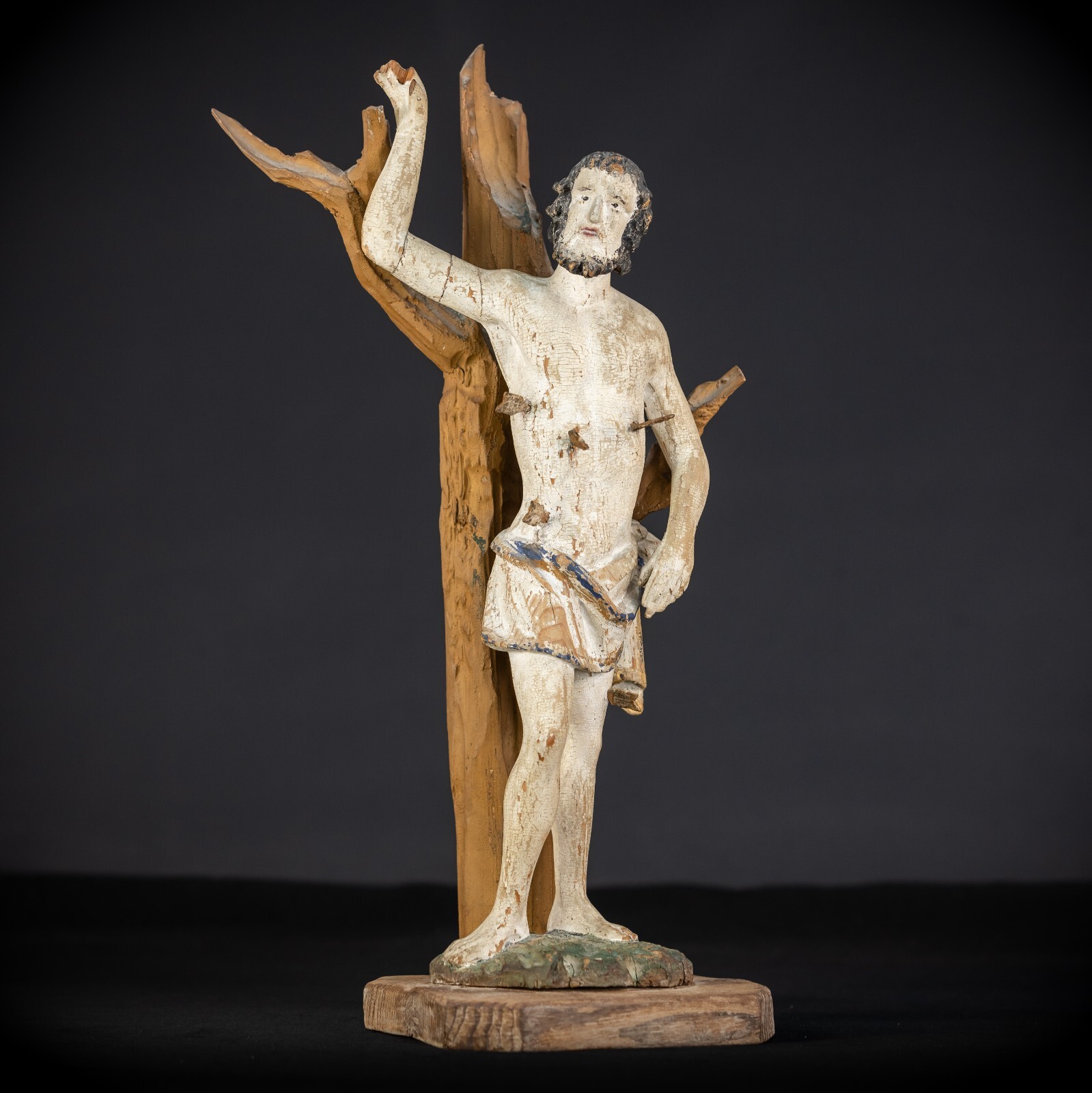 Saint Sebastian Wooden Sculpture | 1700s Antique St Martyr Wood Statue | 17.9”_