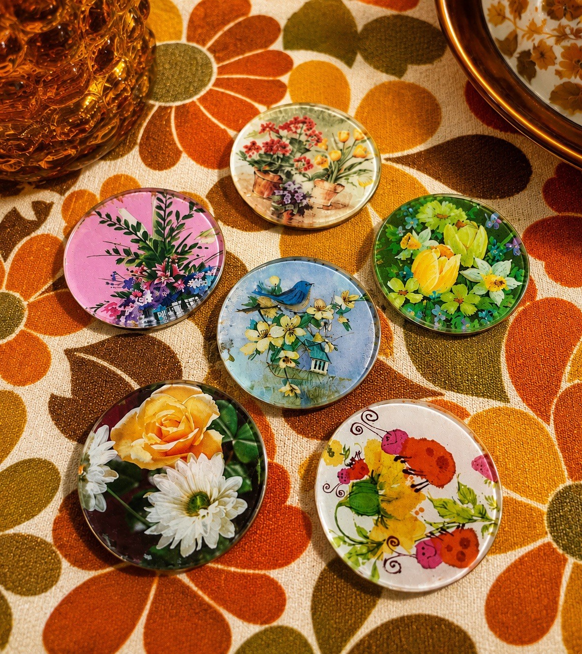 Vintage Handmade Resin Coasters Floral Bright Vibrant Flower Power 70s Hippie