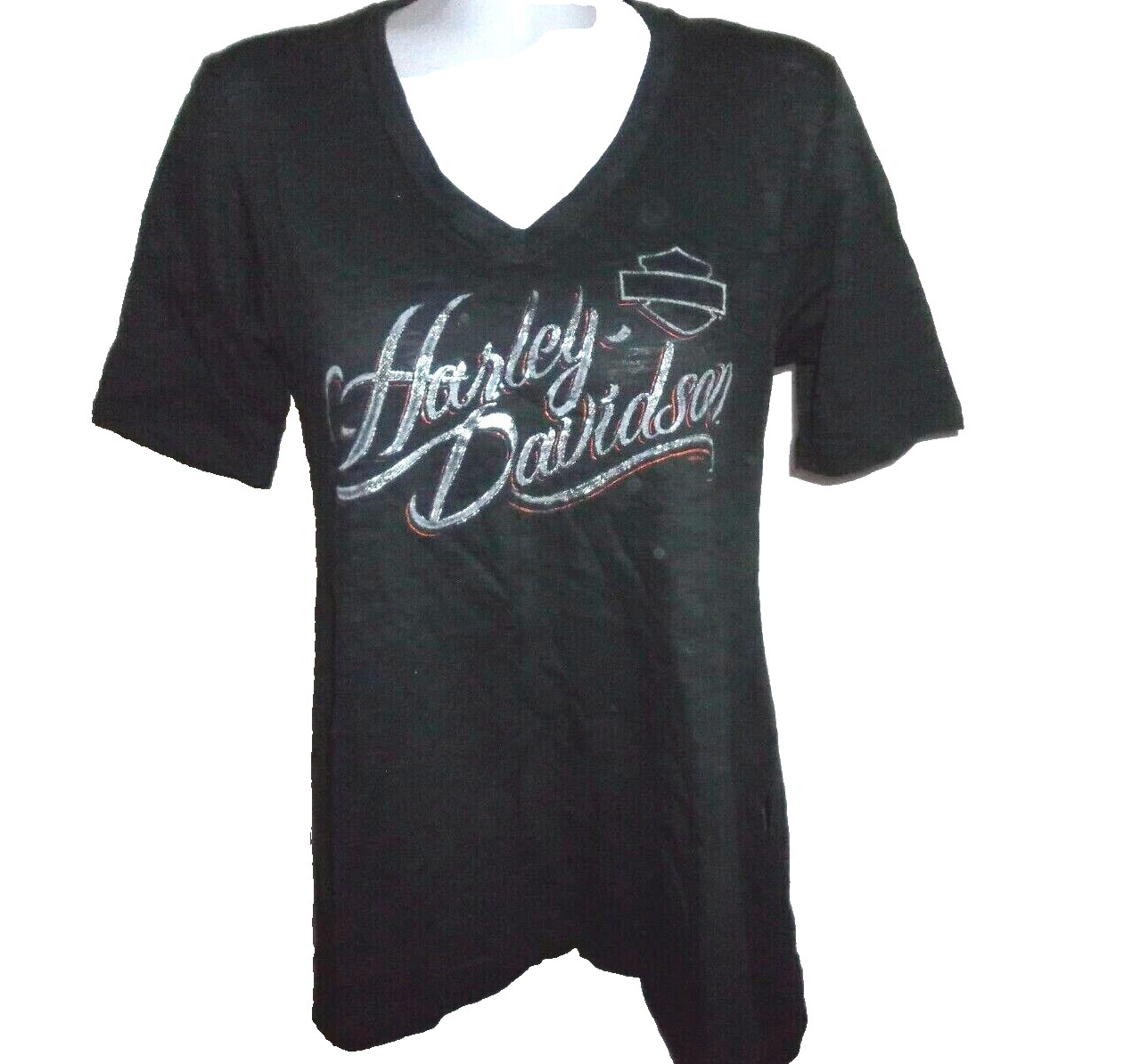 NWT, HARLEY-DAVIDSON Women\'s Black Tee, Silver Graphics, Hi-Lo Hem, Size Medium