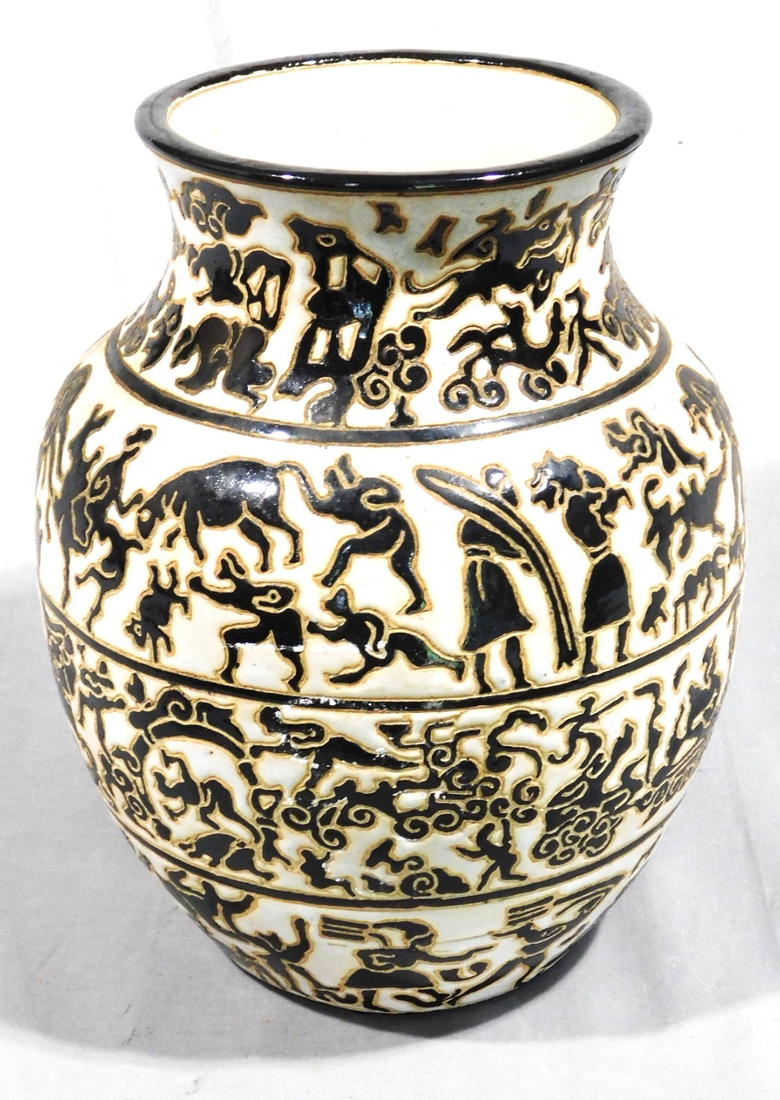 Vintage Vietnamese Ecole Bien Hoa Figural Vase Water Buffalo Human Scene c1930