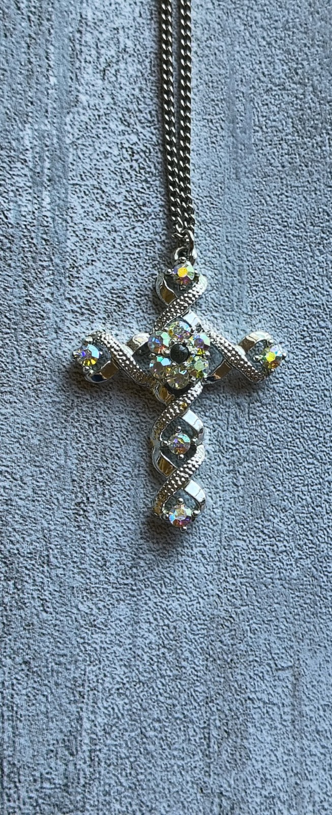 Stanhope Vintage Ribbon Cross Silver Tone Swarovski AB Crystals Imbedded Image