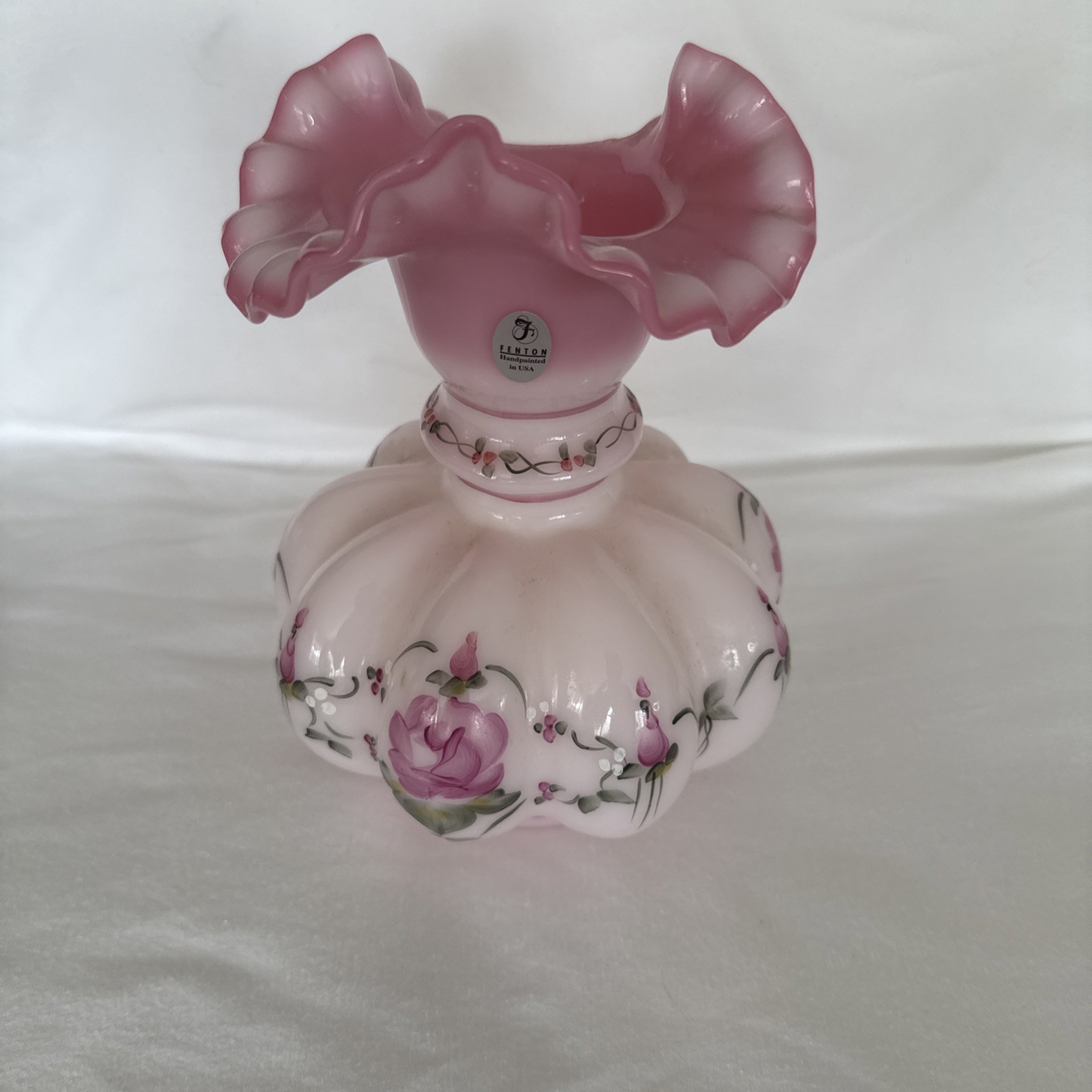 Limited Edition Fenton Glass Rosalee Melon Vase”French Rose”