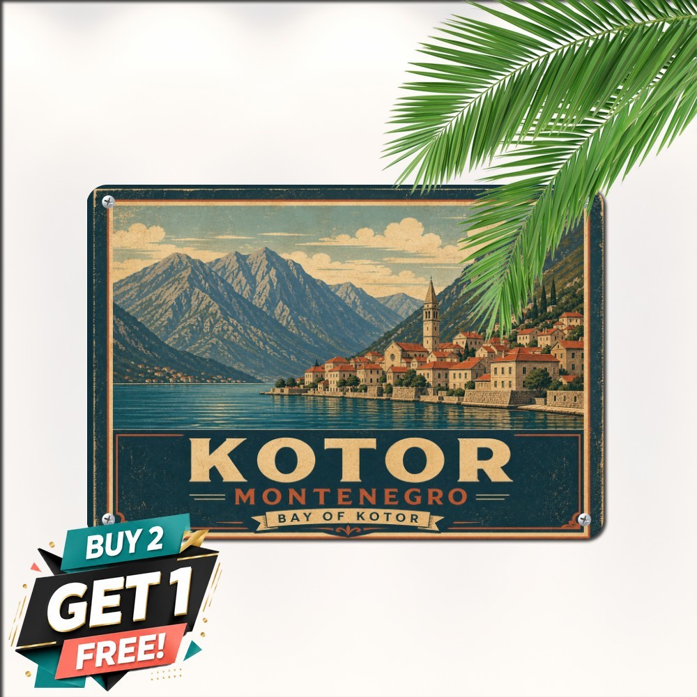 Scenic Kotor Old Town Coast Montenegro Travel Souvenir Metal Wall Tin Sign