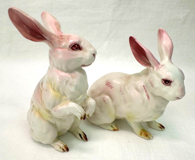 VTG Lefton White Albino Bunny Rabbit Figurines Pair Made in Japan Set of 2