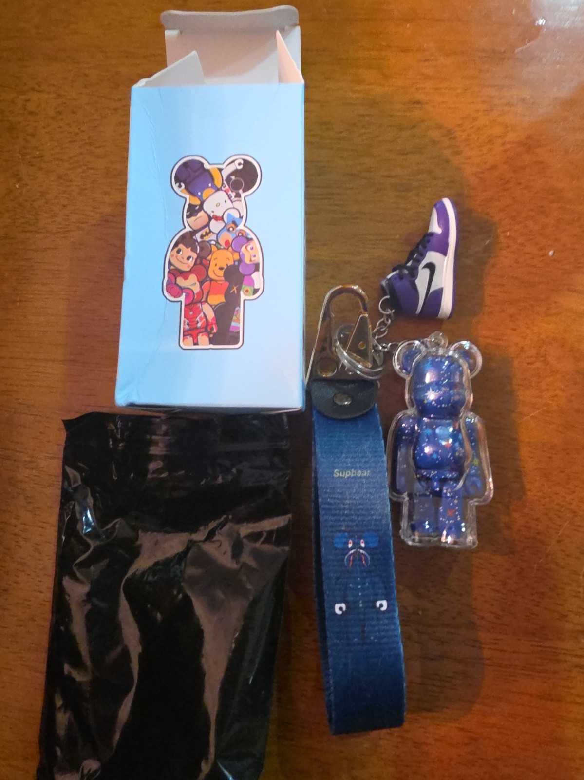 Supbear Bearbrick-Style Bear Figure Keychain w/ Dark Blue Sneaker Charm