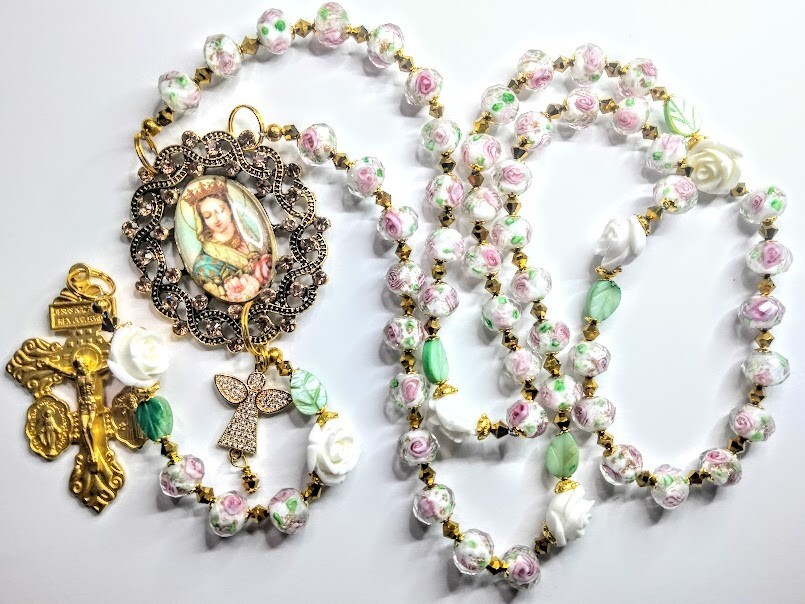 Victorian Pink Rose Lampwork Bead Padon Crucifix Queen Mary Angel Charm Rosary