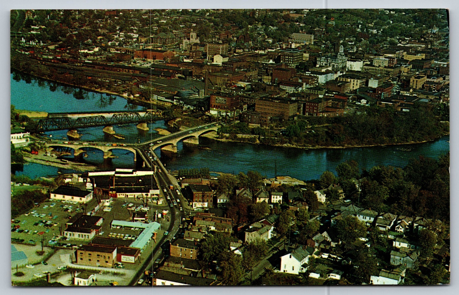Vintage Zanesville Ohio Y-Bridge City Aerial Postcard 1960s Vintage Zanesville Ohio Y-Bridge City Aerial Postcard 1960s
