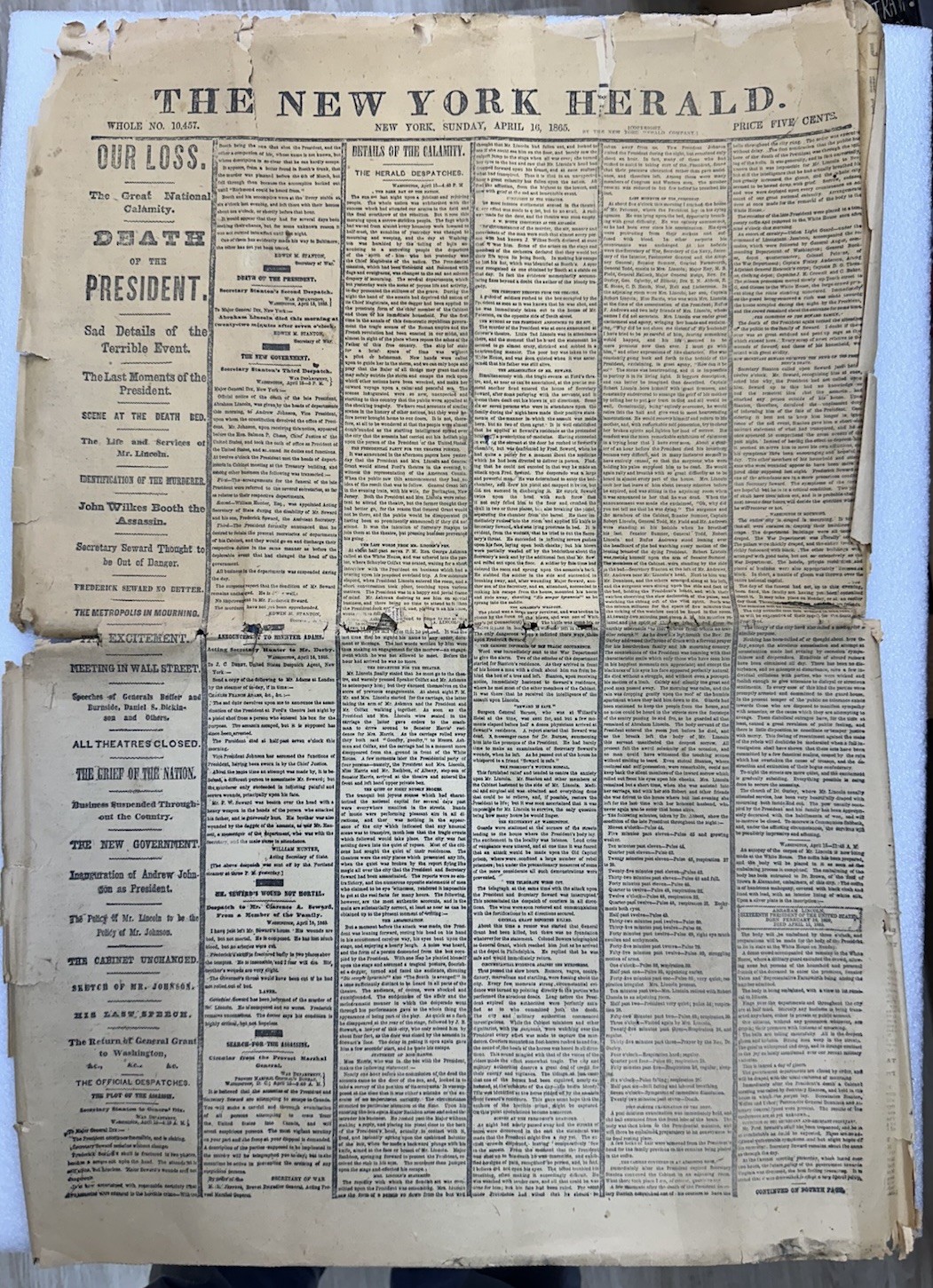 1865 New York Herald Apr. 16 Lincoln Assassination Front Section Newspaper