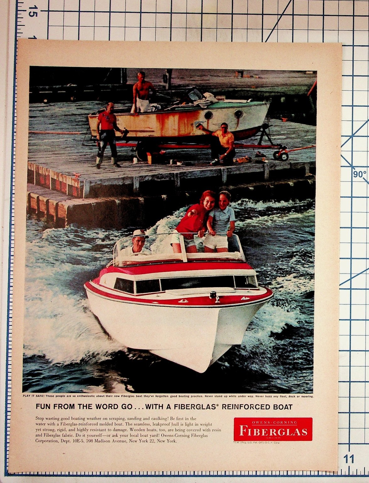 Vintage Owens-Corning Fiberglas Boat Ad 1950s-60s Magazine Ephemera New York